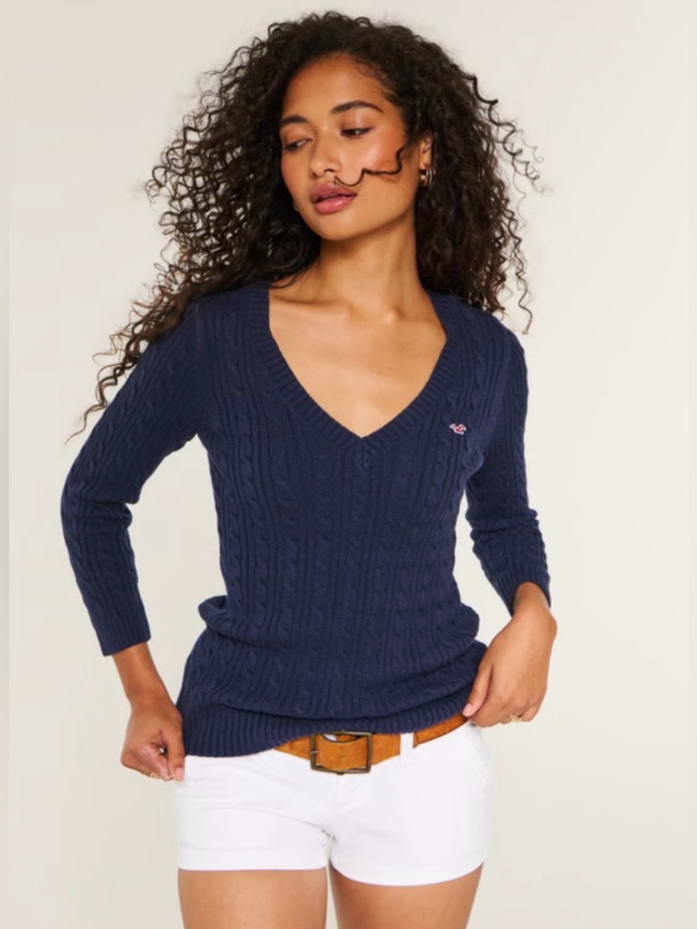 Hollister Navy Cable V-Neck Sweater